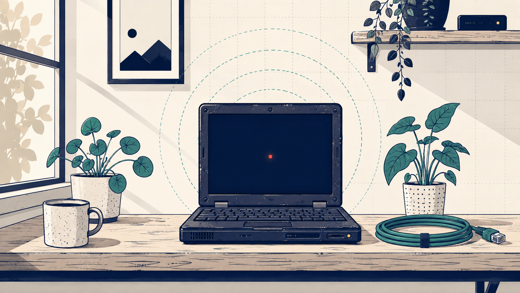 An old laptop on a wooden desk with houseplants, glowing with a small status light and radiating signal rings � a spare laptop reborn as a home server