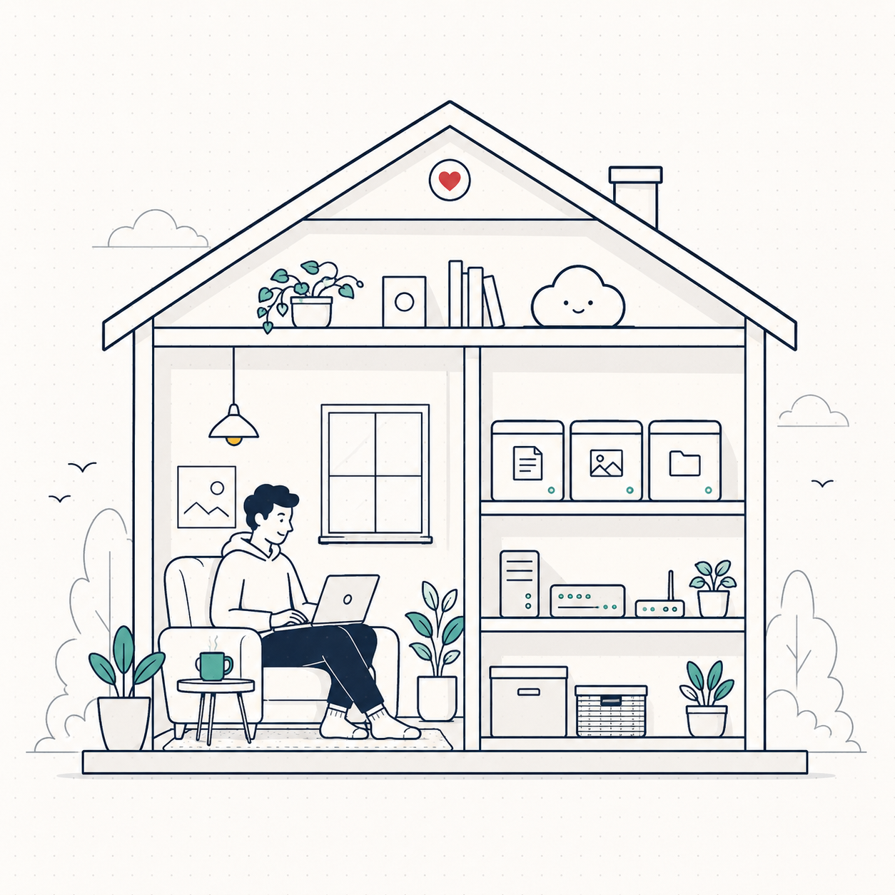 Illustration of owning your digital home: a person relaxing in a cross-section house where their apps sit as tidy boxes on shelves instead of in a distant cloud