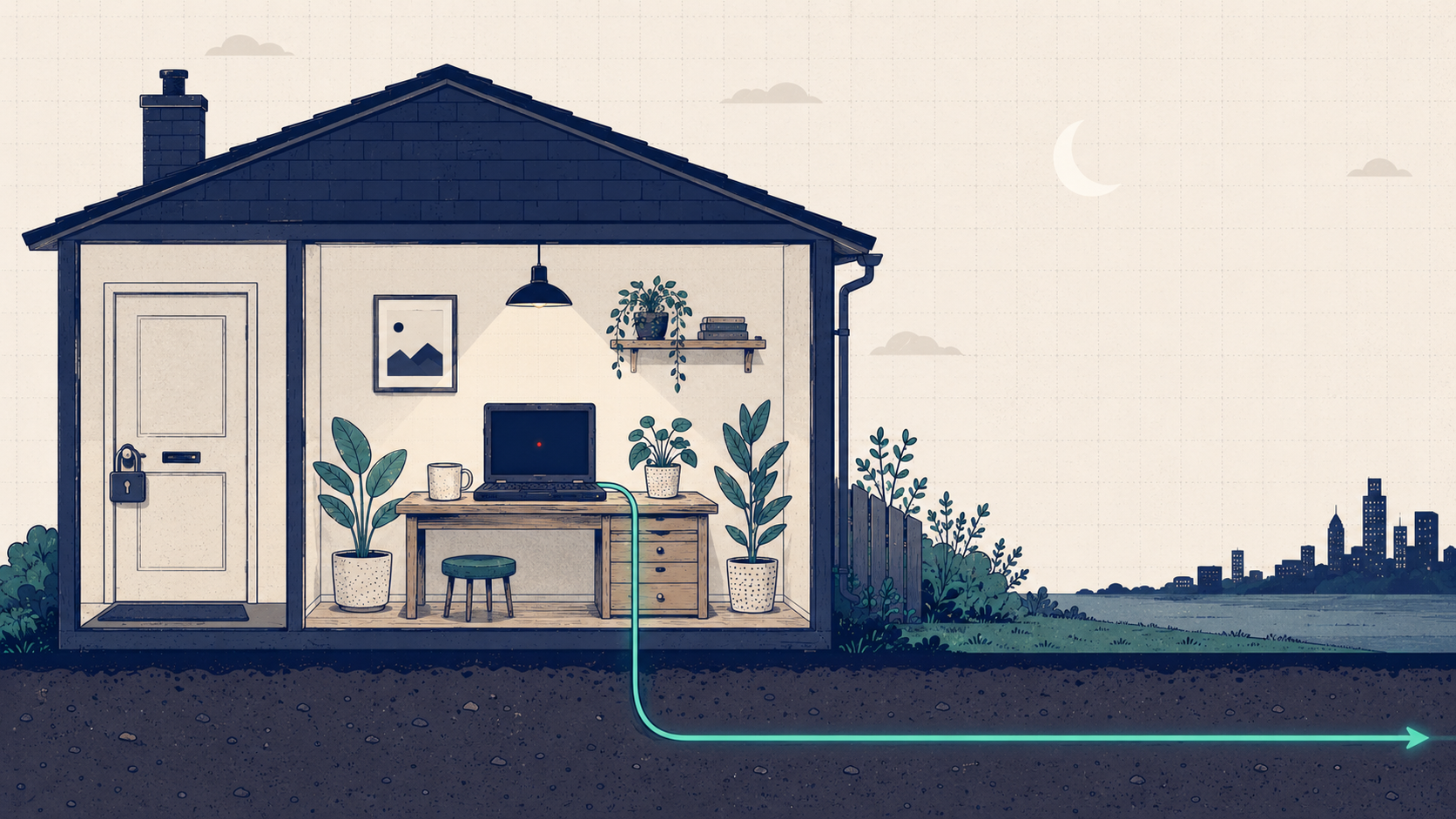 A cross-section of a house at night: an old laptop glowing on a desk among houseplants, the front door padlocked shut, and a single teal line running out from the laptop under the garden toward a distant city skyline
